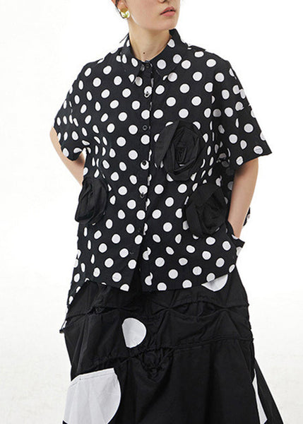 Chic Black Peter Pan Collar Dot Cotton Shirt Summer LY1194