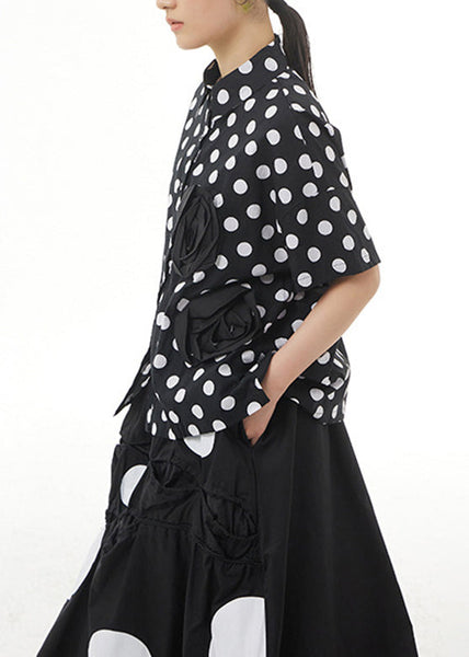 Chic Black Peter Pan Collar Dot Cotton Shirt Summer LY1194