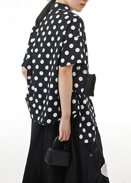 Chic Black Peter Pan Collar Dot Cotton Shirt Summer LY1194