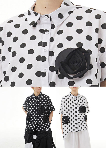 Chic Black Peter Pan Collar Dot Cotton Shirt Summer LY1194