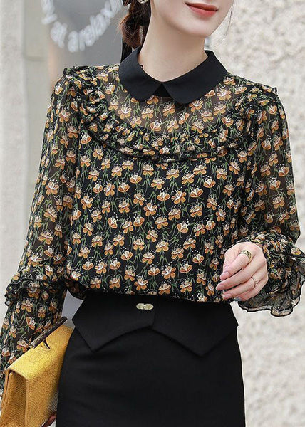 Chic Black Peter Pan Collar Ruffles Patchwork Print Chiffon Blouses Spring FR2004