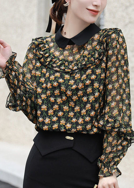 Chic Black Peter Pan Collar Ruffles Patchwork Print Chiffon Blouses Spring FR2004