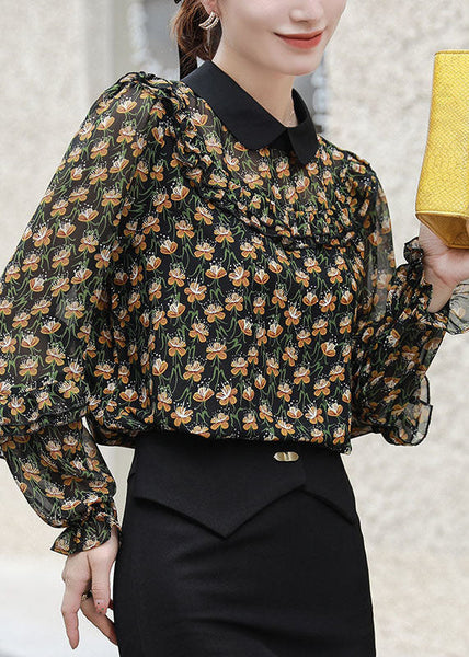 Chic Black Peter Pan Collar Ruffles Patchwork Print Chiffon Blouses Spring FR2004