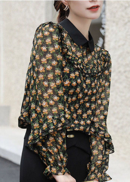 Chic Black Peter Pan Collar Ruffles Patchwork Print Chiffon Blouses Spring FR2004