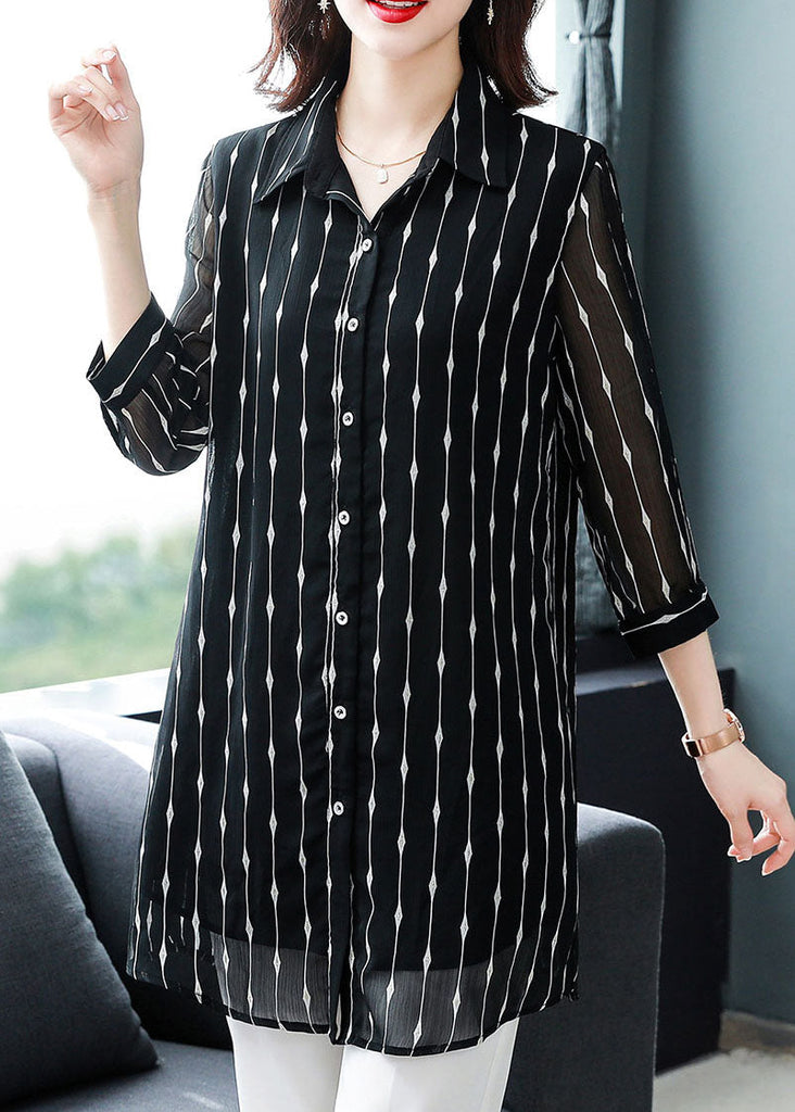 Chic Black Peter Pan Collar Striped Patchwork Silk Shirt Bracelet Sleeve TF1013