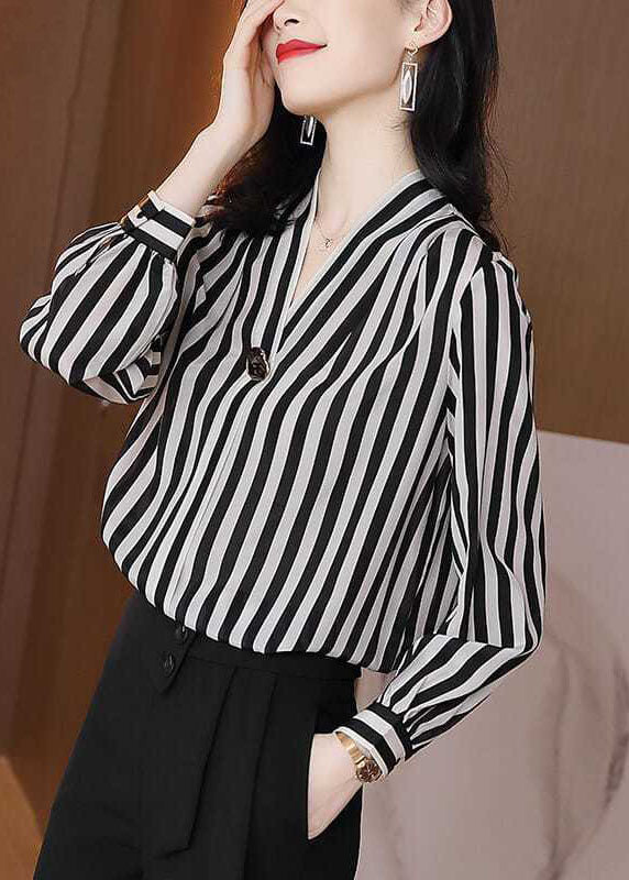 Chic Black V Neck Striped Patchwork Silk Shirt Tops Spring LY0371