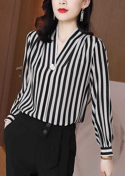 Chic Black V Neck Striped Patchwork Silk Shirt Tops Spring LY0371