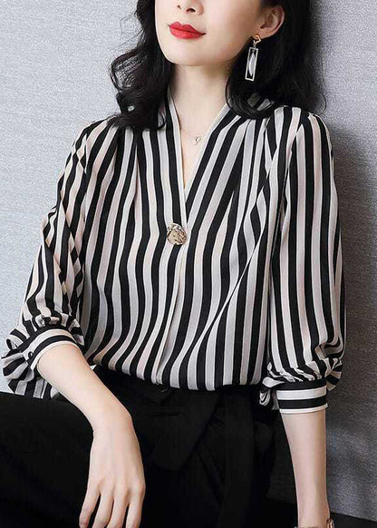 Chic Black V Neck Striped Patchwork Silk Shirt Tops Spring LY0371