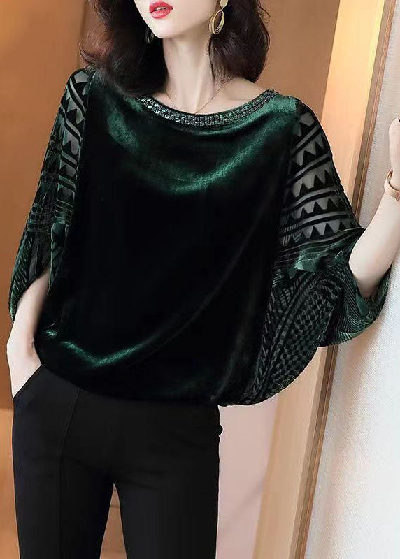 Chic Blackish Green Zircon Patchwork Silk Velour Top Batwing Sleeve TF1056