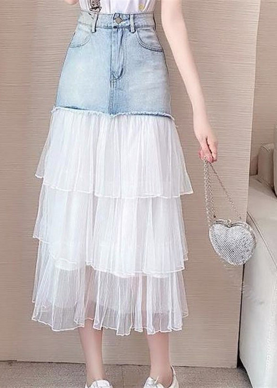 Chic Blue High Waist Tulle Patchwork Denim A Line Skirt TY1083