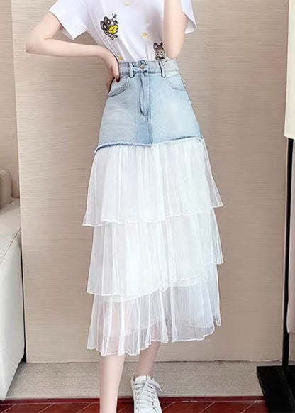 Chic Blue High Waist Tulle Patchwork Denim A Line Skirt TY1083