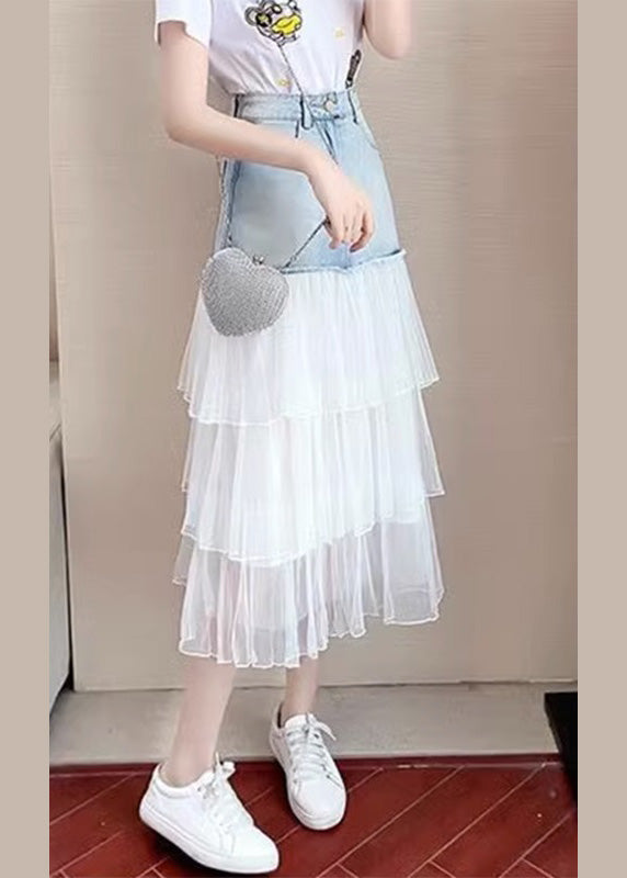 Chic Blue High Waist Tulle Patchwork Denim A Line Skirt TY1083