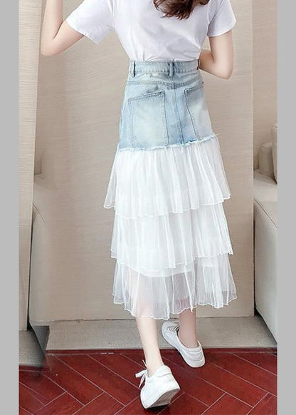 Chic Blue High Waist Tulle Patchwork Denim A Line Skirt TY1083