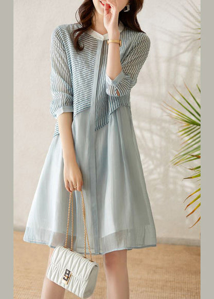 Chic Blue O-Neck Striped Patchwork Fake Two Pieces Button Long Dress Summer LY1757