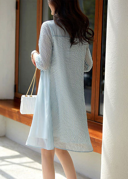 Chic Blue O-Neck Striped Patchwork Fake Two Pieces Button Long Dress Summer LY1757