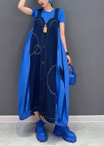 Chic Blue Oversized Patchwork Cotton Denim Strap Dress Summer LY0574