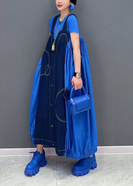 Chic Blue Oversized Patchwork Cotton Denim Strap Dress Summer LY0574