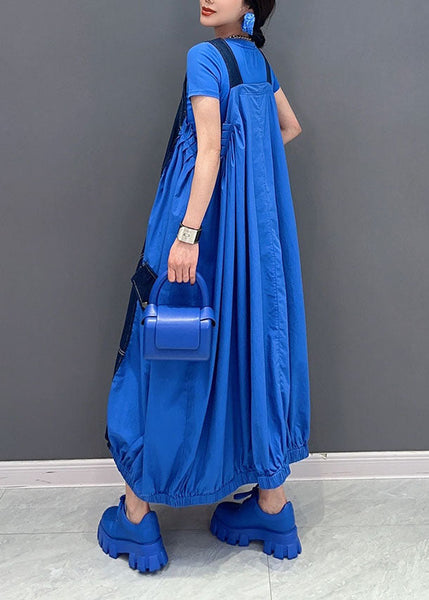 Chic Blue Oversized Patchwork Cotton Denim Strap Dress Summer LY0574