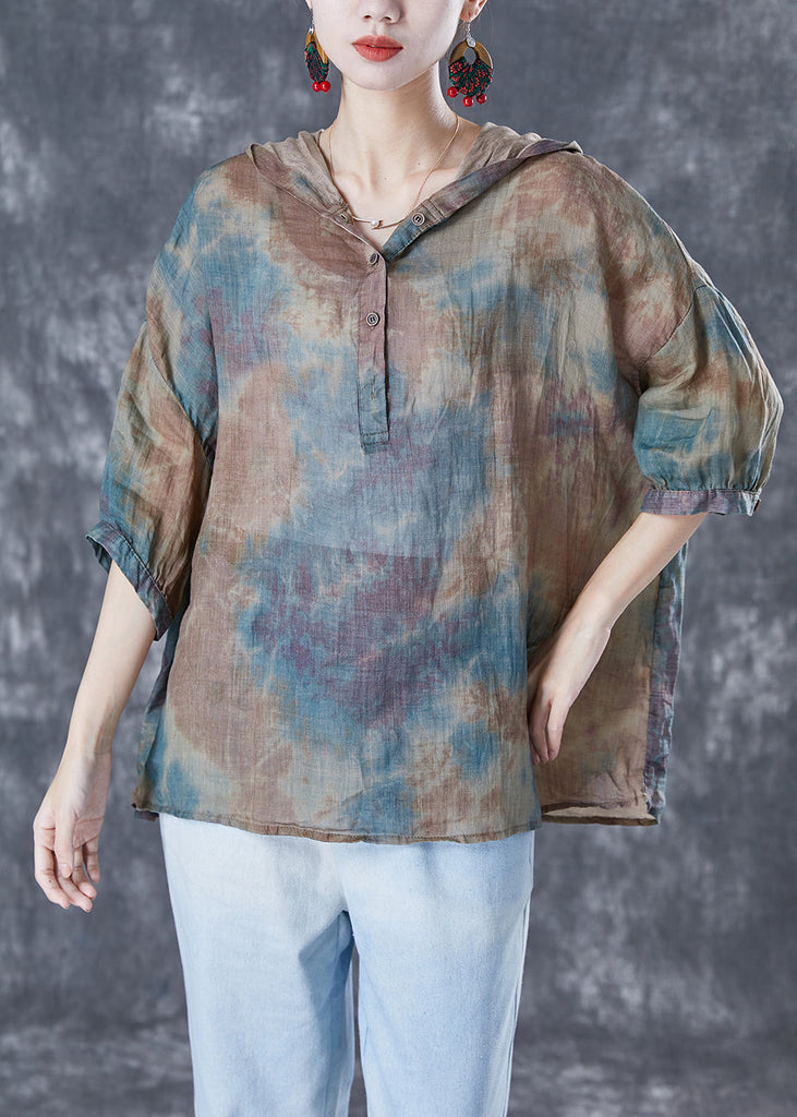 Chic Blue Oversized Tie Dye Linen Shirt Tops Bracelet Sleeve TA1036