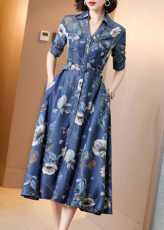 Chic Blue Peter Pan Collar Print Button Sashes Denim Long Dress Short Sleeve AC2046