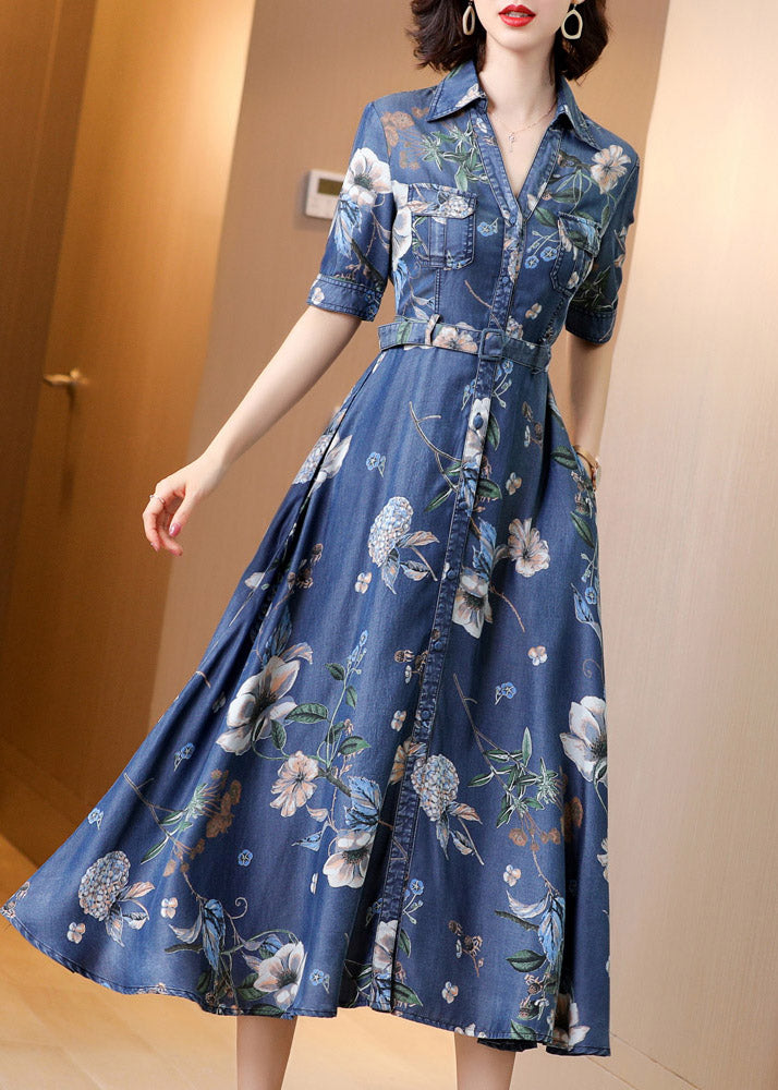 Chic Blue Peter Pan Collar Print Button Sashes Denim Long Dress Short Sleeve AC2046