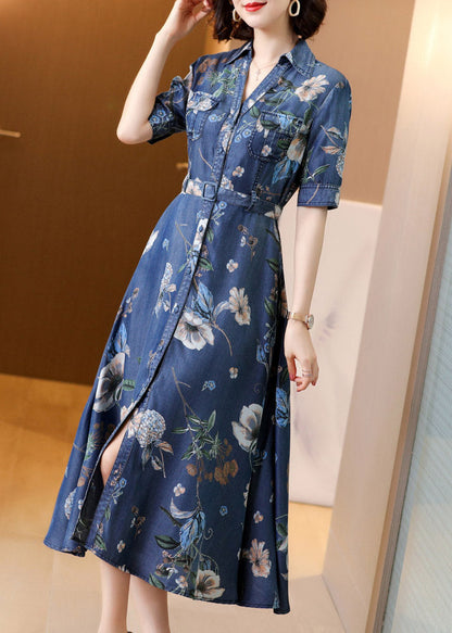 Chic Blue Peter Pan Collar Print Button Sashes Denim Long Dress Short Sleeve AC2046