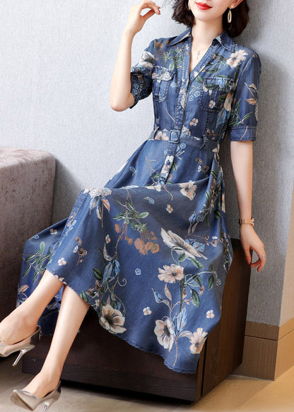 Chic Blue Peter Pan Collar Print Button Sashes Denim Long Dress Short Sleeve AC2046