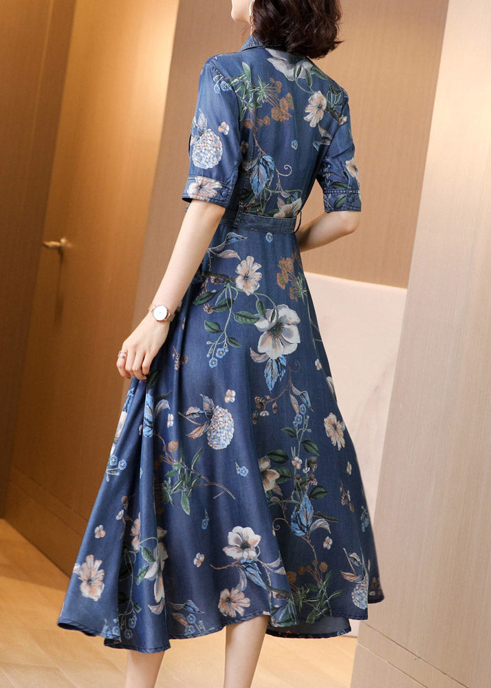 Chic Blue Peter Pan Collar Print Button Sashes Denim Long Dress Short Sleeve AC2046