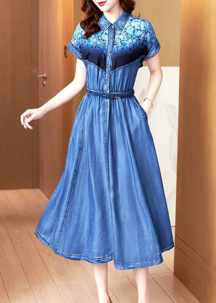 Chic Blue Peter Pan Collar Print Patchwork Button Sashes Cotton Vacation Denim Long Dresses Summer AC2034