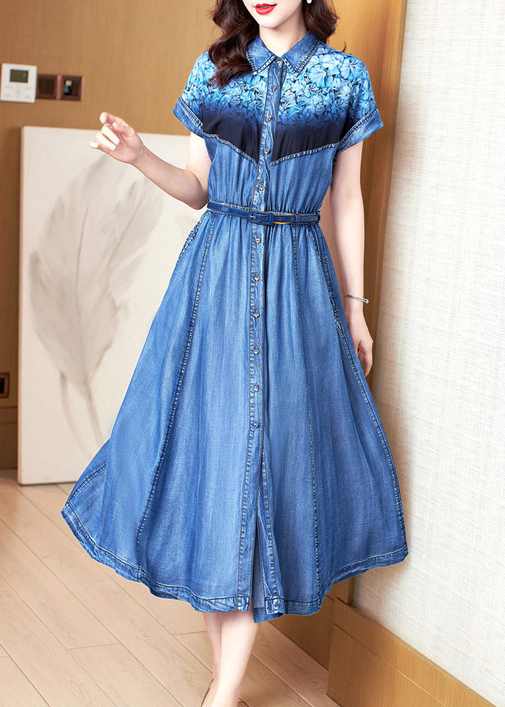 Chic Blue Peter Pan Collar Print Patchwork Button Sashes Cotton Vacation Denim Long Dresses Summer AC2034