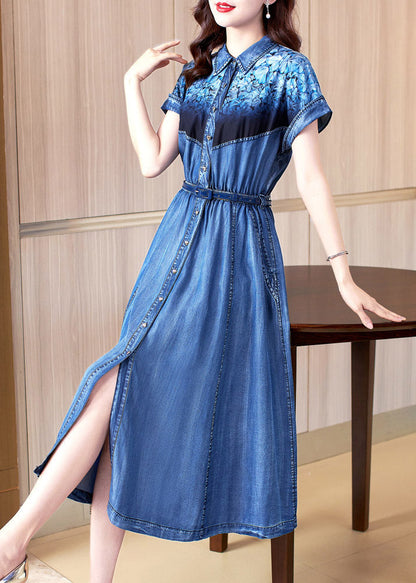 Chic Blue Peter Pan Collar Print Patchwork Button Sashes Cotton Vacation Denim Long Dresses Summer AC2034