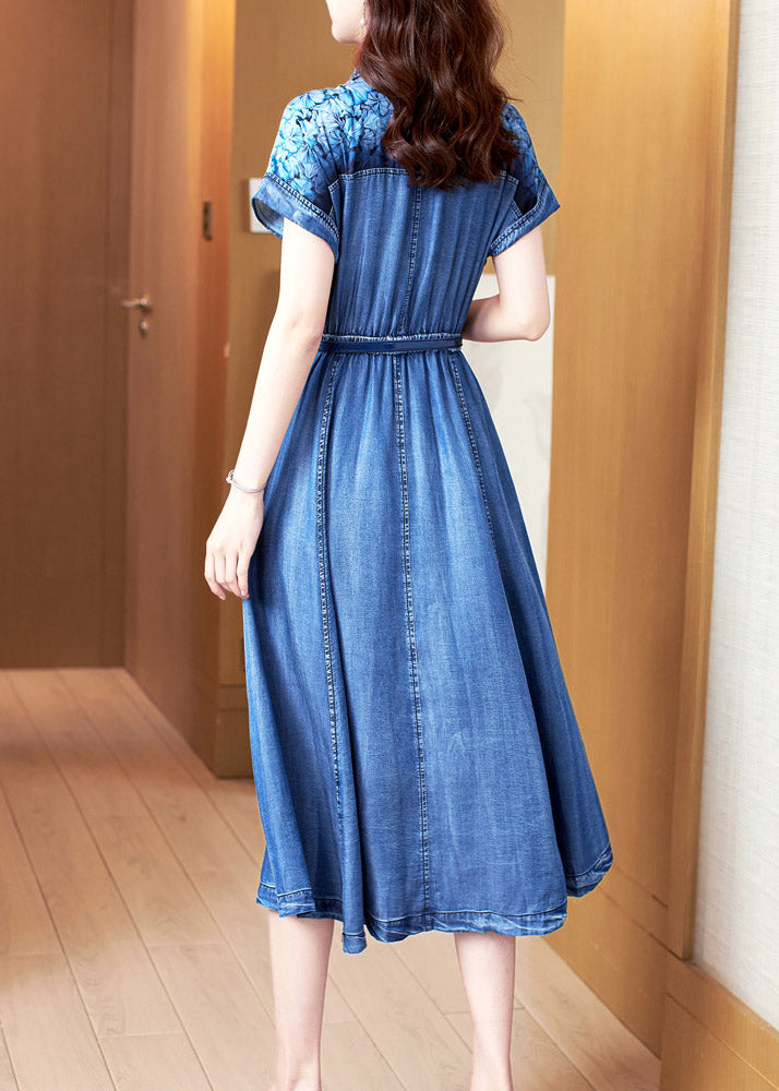 Chic Blue Peter Pan Collar Print Patchwork Button Sashes Cotton Vacation Denim Long Dresses Summer AC2034