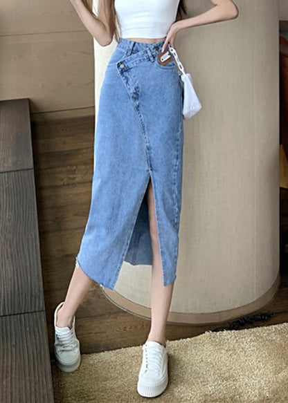 Chic Blue Side Open Asymmetrical Patchwork Denim Maxi Skirts Summer TY1032