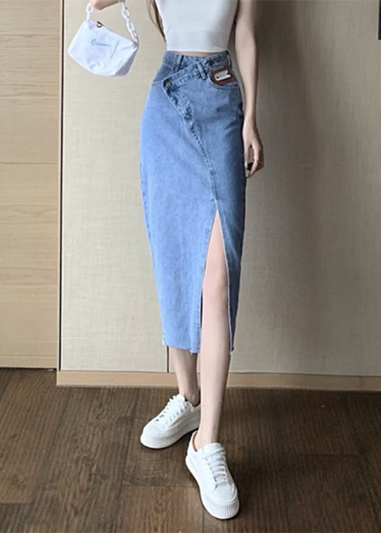 Chic Blue Side Open Asymmetrical Patchwork Denim Maxi Skirts Summer TY1032