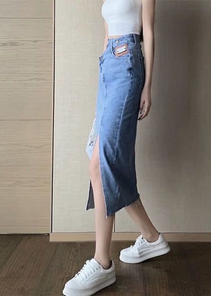 Chic Blue Side Open Asymmetrical Patchwork Denim Maxi Skirts Summer TY1032