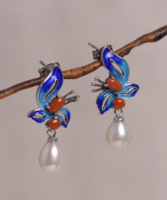 Chic Blue Sterling Silver Cloisonne Jade Pearl Butterfly Stud Earrings TW1052