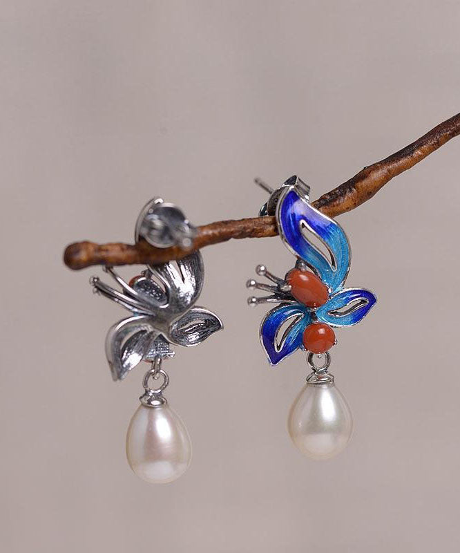 Chic Blue Sterling Silver Cloisonne Jade Pearl Butterfly Stud Earrings TW1052