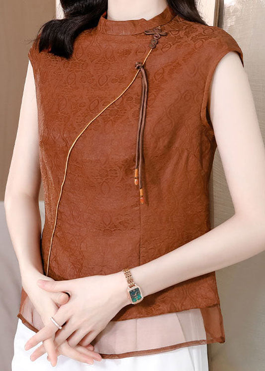 Chic Brown Tasseled Patchwork Jacquard Silk Shirt Sleeveless LC0259