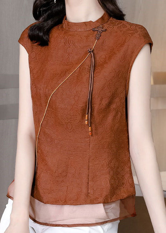 Chic Brown Tasseled Patchwork Jacquard Silk Shirt Sleeveless LC0259