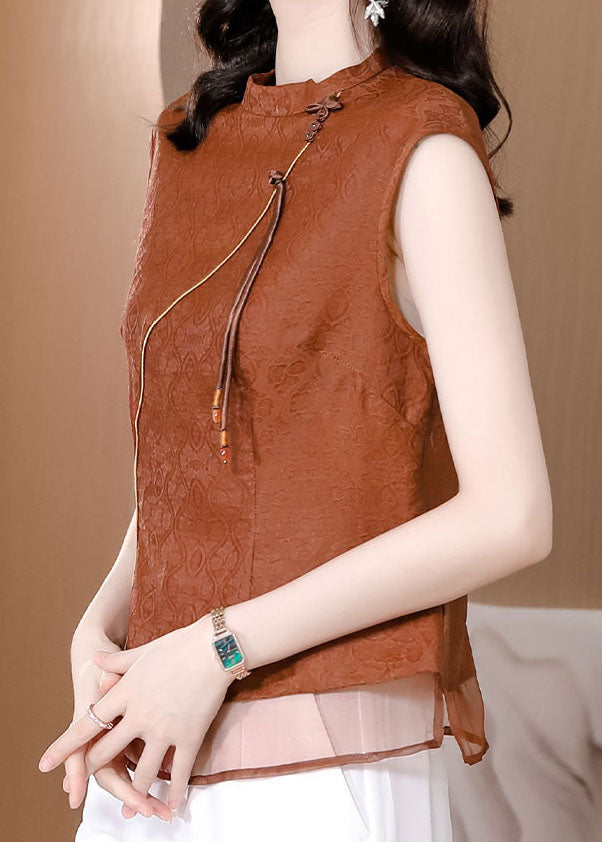 Chic Brown Tasseled Patchwork Jacquard Silk Shirt Sleeveless LC0259