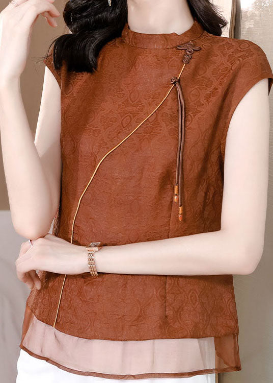 Chic Brown Tasseled Patchwork Jacquard Silk Shirt Sleeveless LC0259