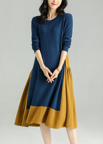 Chic Colorblock O Neck Patchwor kwrinkled Knit Dress Spring LY0022