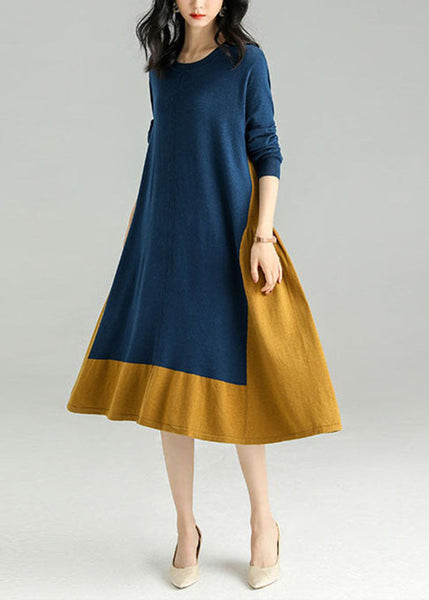 Chic Colorblock O Neck Patchwor kwrinkled Knit Dress Spring LY0022