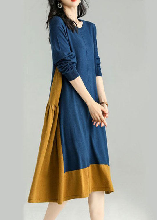 Chic Colorblock O Neck Patchwor kwrinkled Knit Dress Spring LY0022