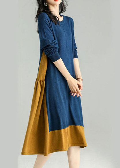 Chic Colorblock O Neck Patchwor kwrinkled Knit Dress Spring LY0022