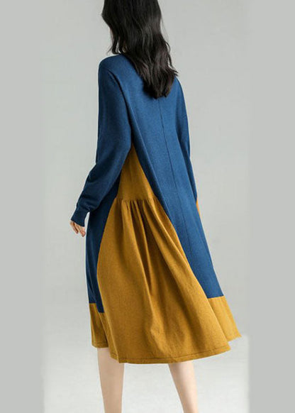 Chic Colorblock O Neck Patchwor kwrinkled Knit Dress Spring LY0022