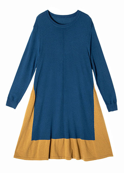 Chic Colorblock O Neck Patchwor kwrinkled Knit Dress Spring LY0022