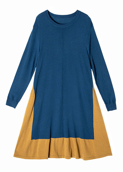 Chic Colorblock O Neck Patchwor kwrinkled Knit Dress Spring LY0022