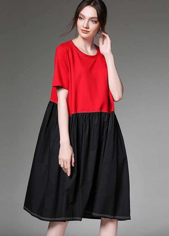 Chic Colorblock O Neck Patchwork Cotton Dress Half Sleeve LY0030