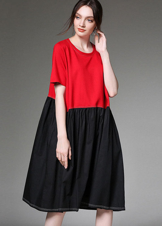 Chic Colorblock O Neck Patchwork Cotton Dress Half Sleeve LY0030